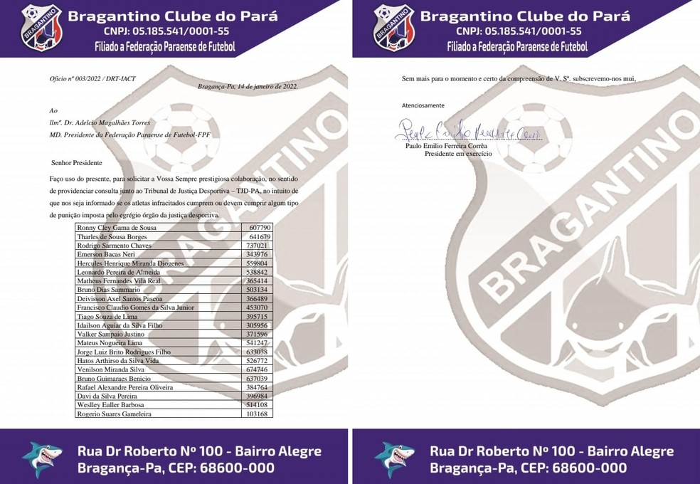 Ofício enviado pelo Bragantino no dia 14 de janeiro — Foto: Divulgação