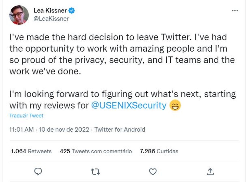 Chefe de segurança do Twitter fala sobre saída do Twitter — Foto: Reprodução/ Twitter
