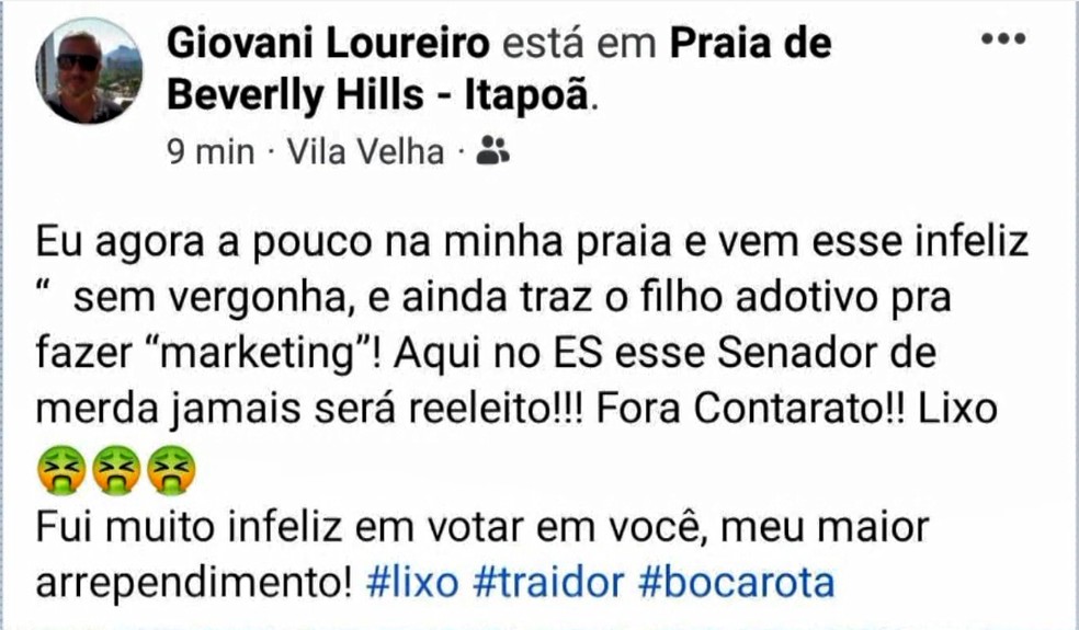 Publicação feita no Facebook faz ataques contra o senador Fabiano Contarato — Foto: Reprodução/TV Gazeta