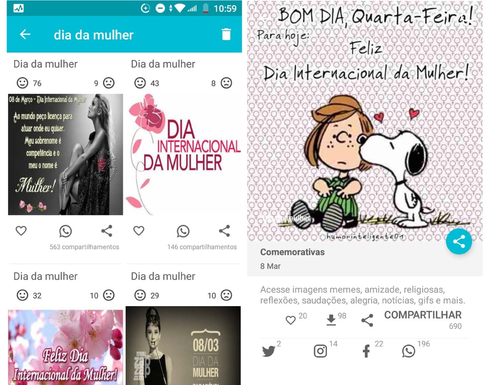 Usuários podem enviar mensagem para o Dia das Mulheres com os conteúdos visuais do Imagens, Frases, GIFs e Vídeos — Foto: Graziela Silva/Reprodução