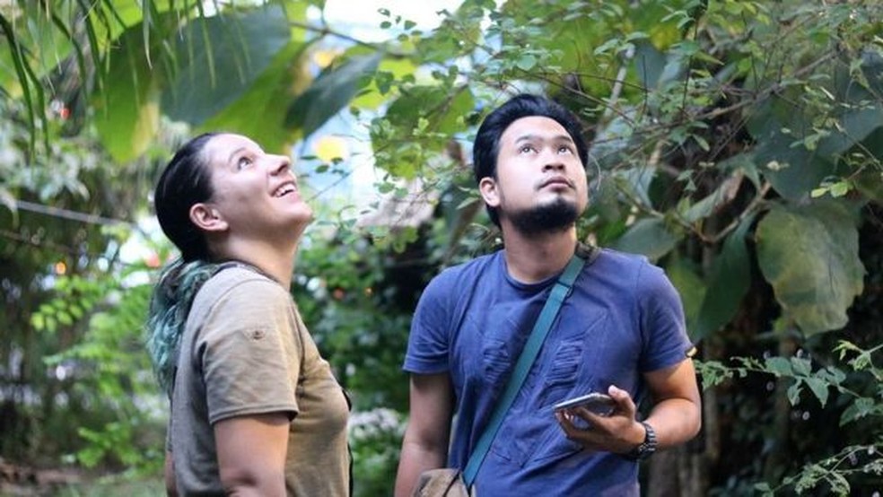 Priscillia Miard e o estudante de zoologia Fizri Zubir observam colugos no The Andaman Resort — Foto: Thomas Bird/BBC