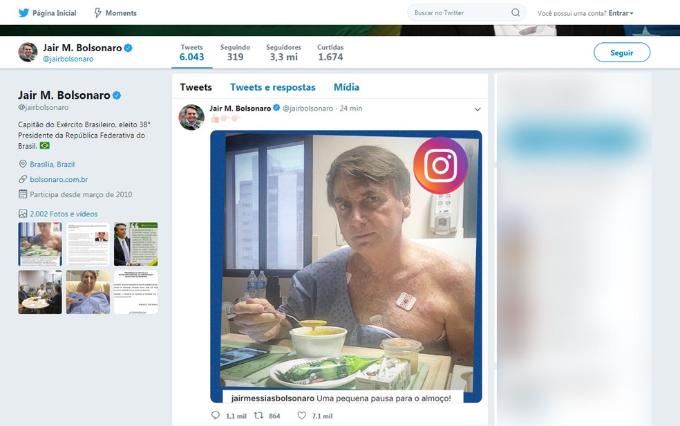 Bolsonaro posta foto sobre sua alimentação no hospital  — Foto: Redes Sociais 