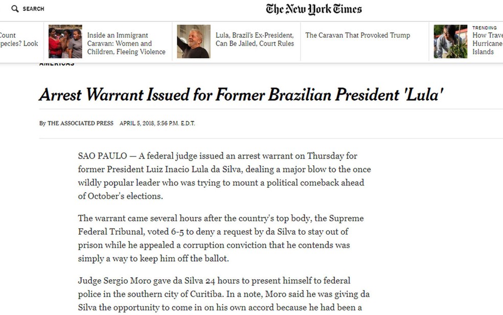 'NY Times' noticiou pedido de prisão de Lula (Foto: Reprodução/NY Times)