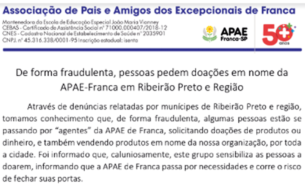 Apae emite comunicado contra fraudes em Ribeirão Preto e Franca — Foto: Reprodução