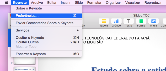 Acesse as configurações do Keynote no Mac OS X (Foto: Reprodução/Helito Bijora) 