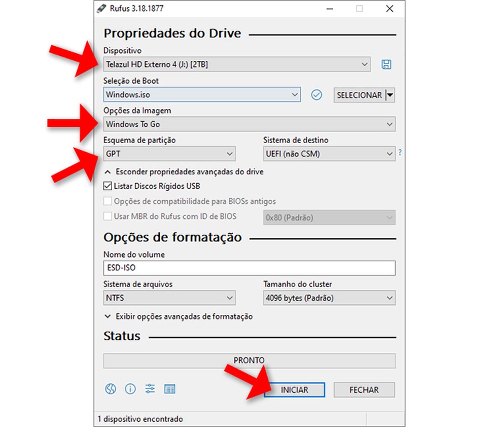Configuração do Rufus para criar um dispositivo USB inicializável com Windows instalado — Foto: Reprodução/Rafael Leite