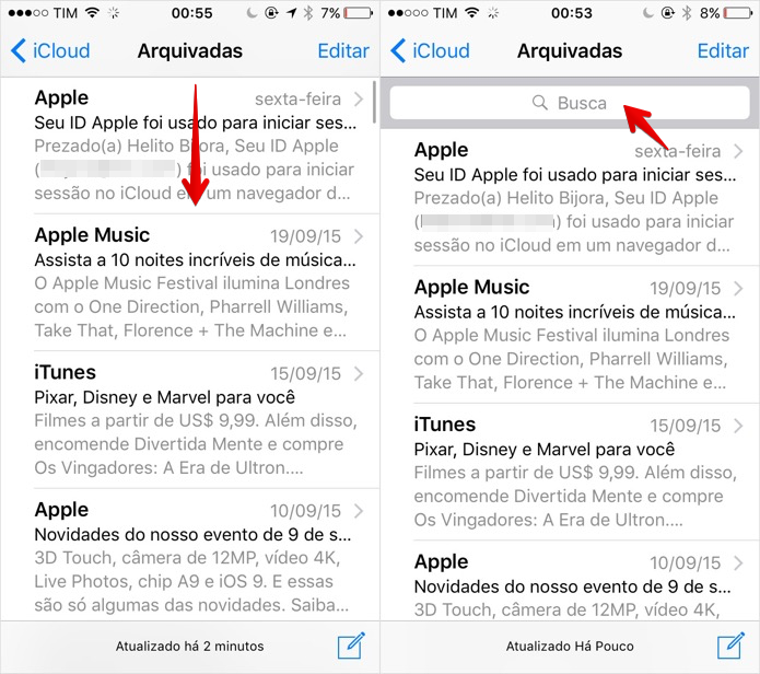 Acesse a busca do aplicativo de e-mails do iOS 9 (Foto: Reprodução/Helito Bijora) 