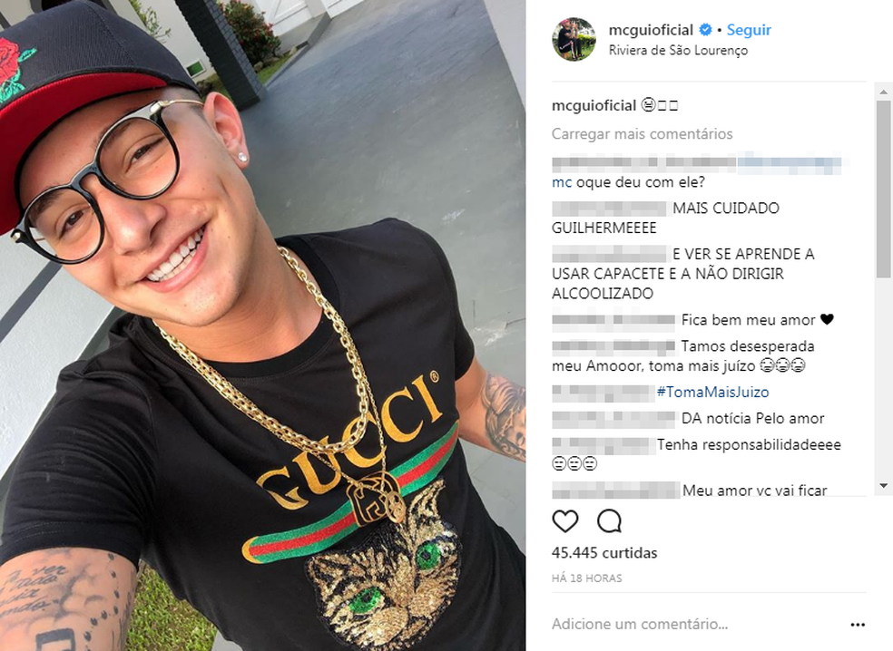 Seguidores de MC Gui repercutiram acidente na última publicação do cantor nas redes sociais (Foto: Instagram/Arquivo Pessoal)