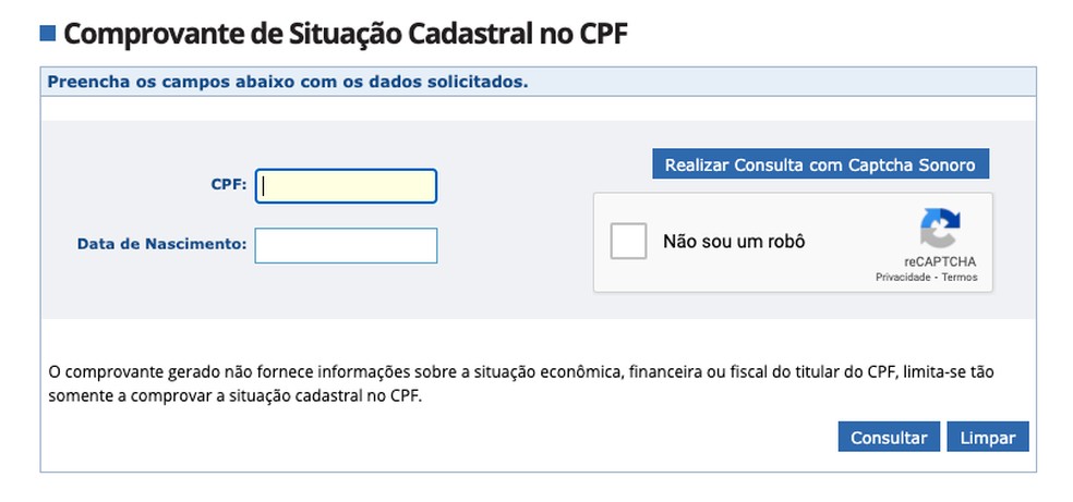 Consulta CPF — Foto: Reprodução/Receita Federal