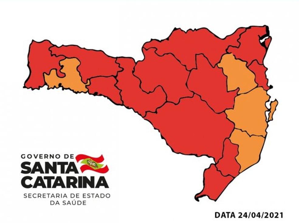 Mapa de risco por região de Santa Catarina divulgado neste sábado (24) — Foto: SES/ Divulgação