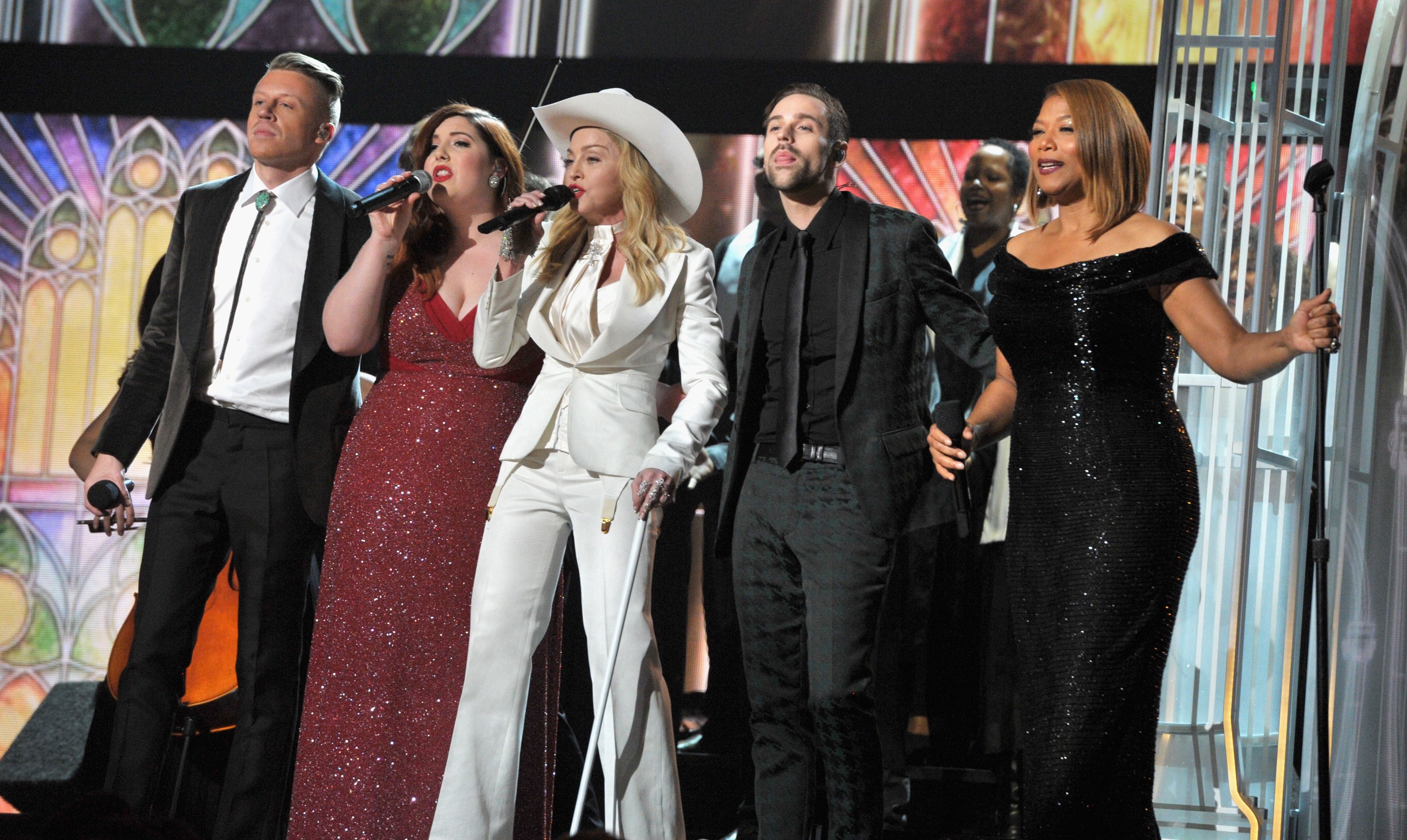  Macklemore, Mary Lambert, Madonna, Ryan Lewis e a atriz e cantora Queen Latifah (Foto:  Lester Cohen/WireImage)