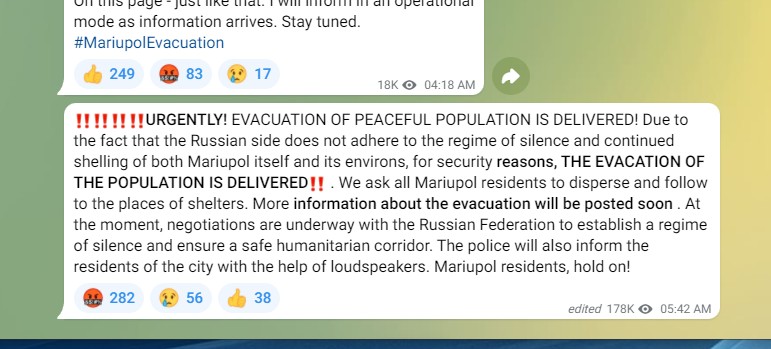 Mensagem enviada no canal oficial do conselho municipal de Mariupol, na Ucrânia (Foto: reprodução twitter)