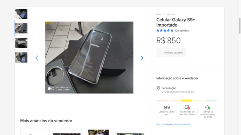 Note como a carcaça está arranhada (parte inferior). Alguns modelos do Galaxy S9 falsificado não apresentam “Samsung” na traseira — Foto: Reprodução