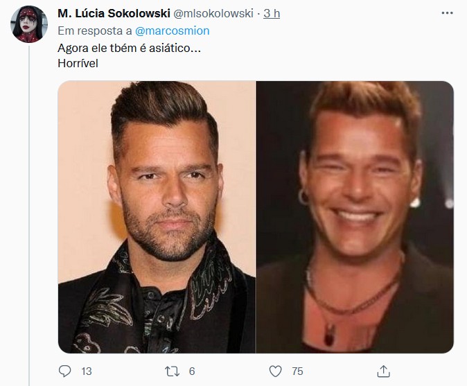 Internauta reprova harmonização facial de Ricky Martin (Foto: Reprodução/Twitter)