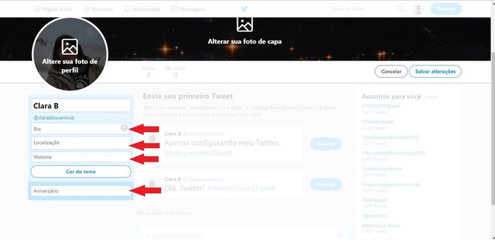 O perfil do Twitter contém uma bio, localização, website e aniversário, mas apenas se a pessoa deseja preencher estas informações (Foto: Reprodução/Clara Barreto) O perfil do Twitter contém uma bio, localização, website e aniversário, mas apenas se a pessoa deseja preencher estas informações (Foto: Reprodução/Clara Barreto)