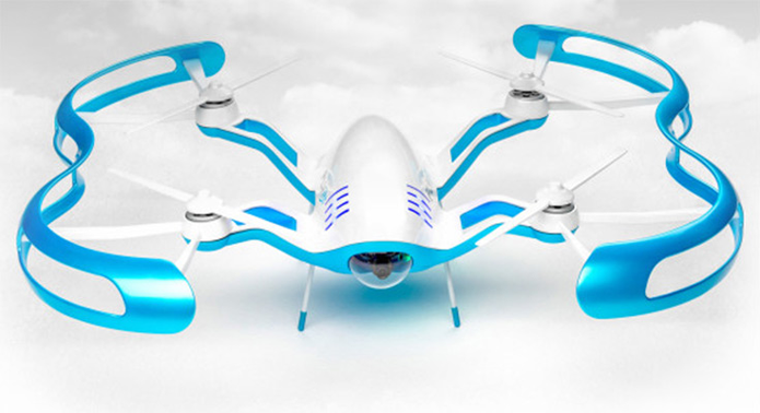Drone na configuração quadricóptero pode voar por 25 minutos, transmitindo vídeo para o headset de realidade virtual (Foto: Divulgação/FLYBi
