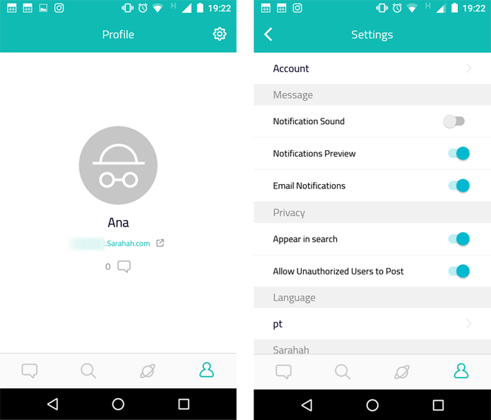 Perfil e configurações do app Sarahah para Android (Foto: Reprodução/Ana Marques)