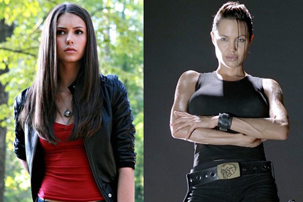 Nina Dobrev em 'The Vampire Diaries' e Angelina Jolie no filme 'Lara Croft: Tomb Raider' (2001) (Foto: Divulgação)
