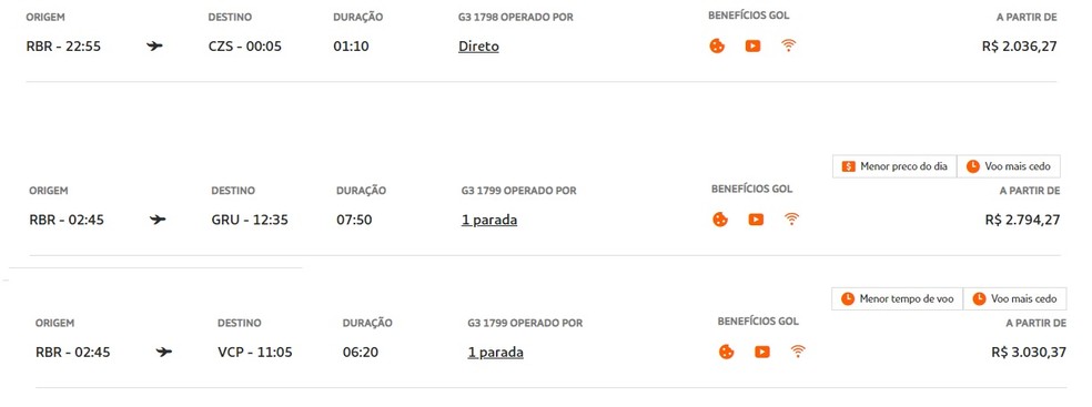 Pesquisa mostra preço da passagem de Rio Branco para Cruzeiro do Sul e de Rio Branco para São Paulo — Foto: Reprodução