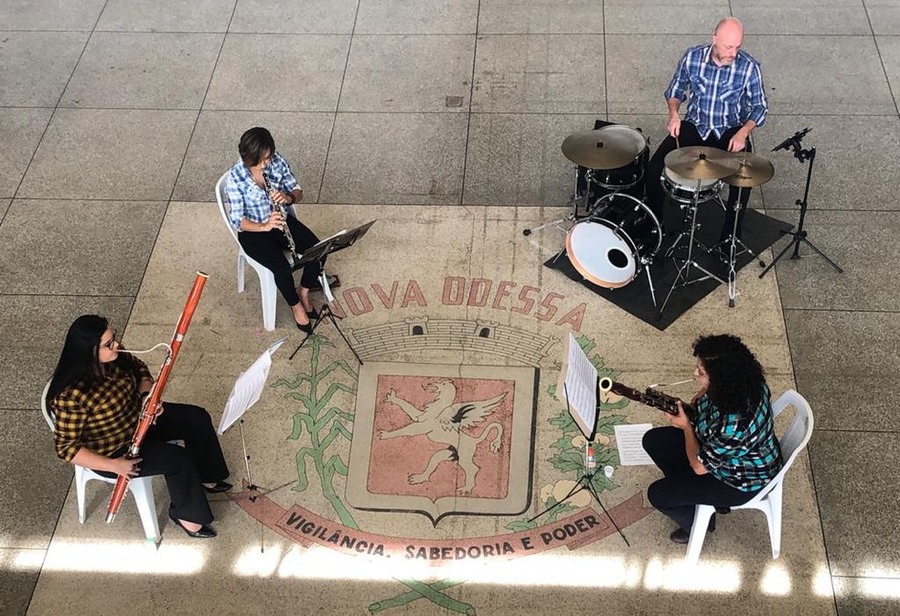 Banda Sinf&ocirc;nica de Nova Odessa durante apresenta&ccedil;&atilde;o em live &mdash; Foto: Divulga&ccedil;&atilde;o/ Prefeitura de Nova Odessa
