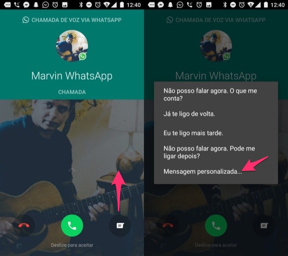 Ação para escolher escrever uma mensagem personalizada para ligações no WhatsApp para Android (Foto: Reprodução/Marvin Costa)