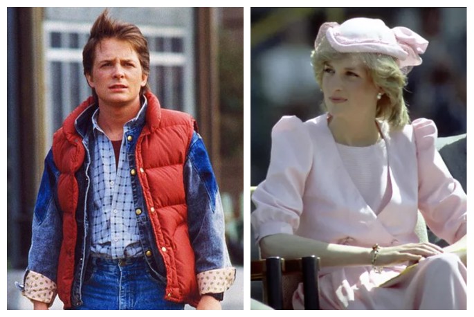 Michael J. Fox em De Volta para o Futuro (1985) e Lady Di (1961-1997) (Foto: Reprodução/Getty Images)