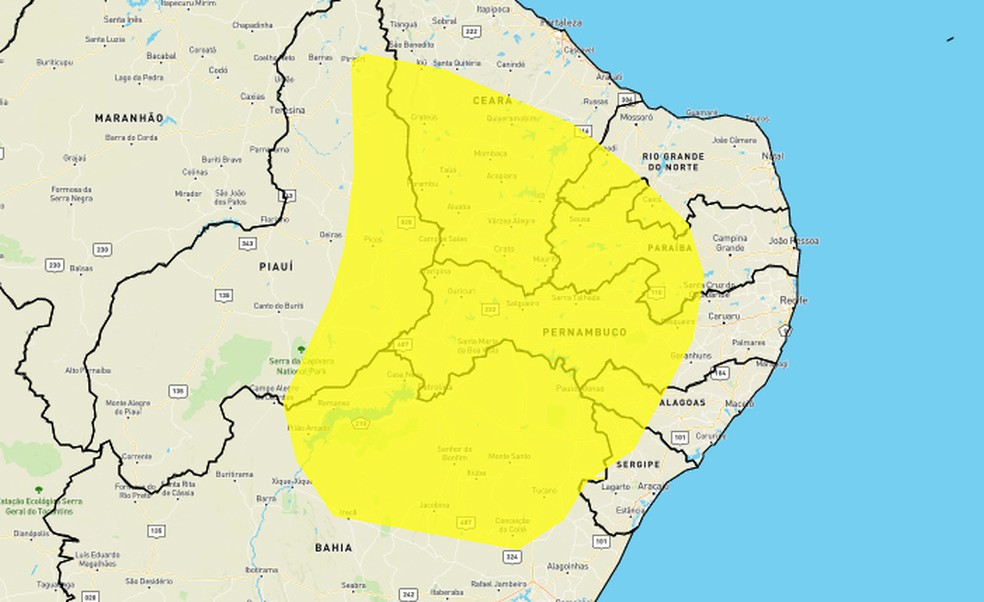 Alerta amarelo no Inmet para 118 municípios da Paraíba — Foto: Inmet/Reprodução