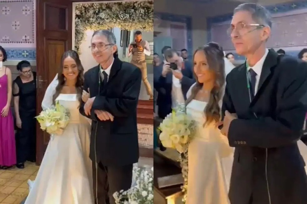 A noiva Lara entrando junto do pai, José Donizete, na Capela Auxiliadora, em Campo Grande. — Foto: Reprodução