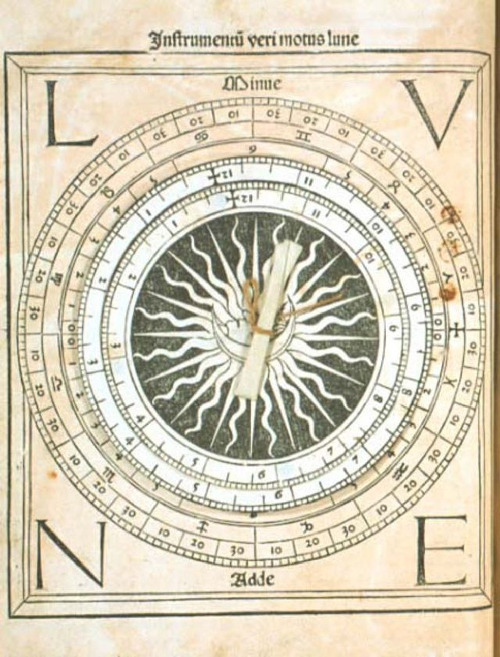 O almanaque Regiomontano tinha duas agulhas móveis para calcular o movimento da Lua — Foto: Biblioteca da Universidade de Glasgow