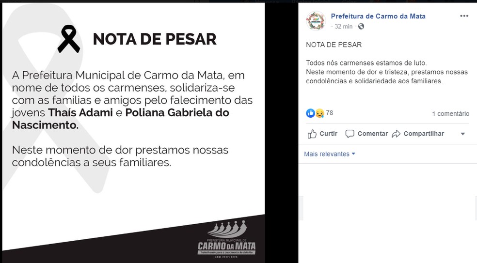 Nota de pesar divulgada pela Prefeitura de Carmo da Mata — Foto: Reprodução/Facebook