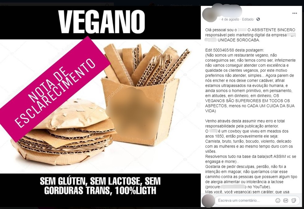 Nota de esclarecimento da hamburgueria de Sorocaba gerou ainda mais polêmica — Foto: Facebook/Reprodução