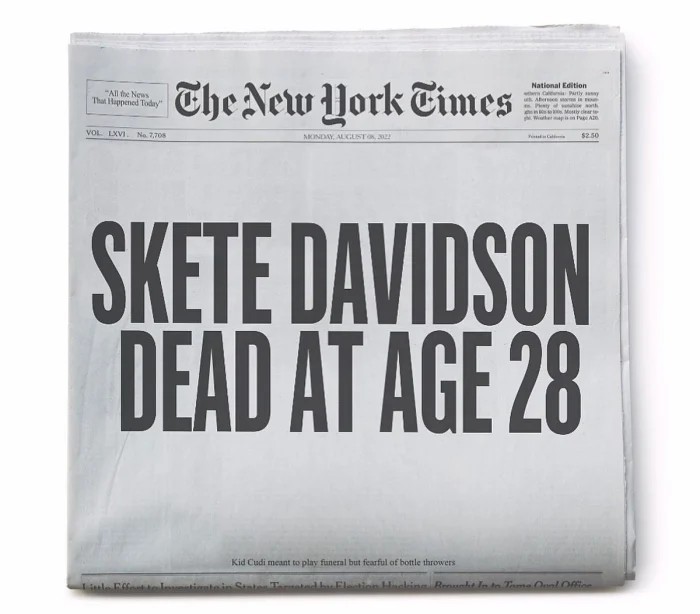 West compartilhou uma montagem de uma capa do New York Times via Instagram, com a manchete “Skete Davidson está morto aos 28 anos” (Foto: Reprodução/ Kanye West/Instagram)
