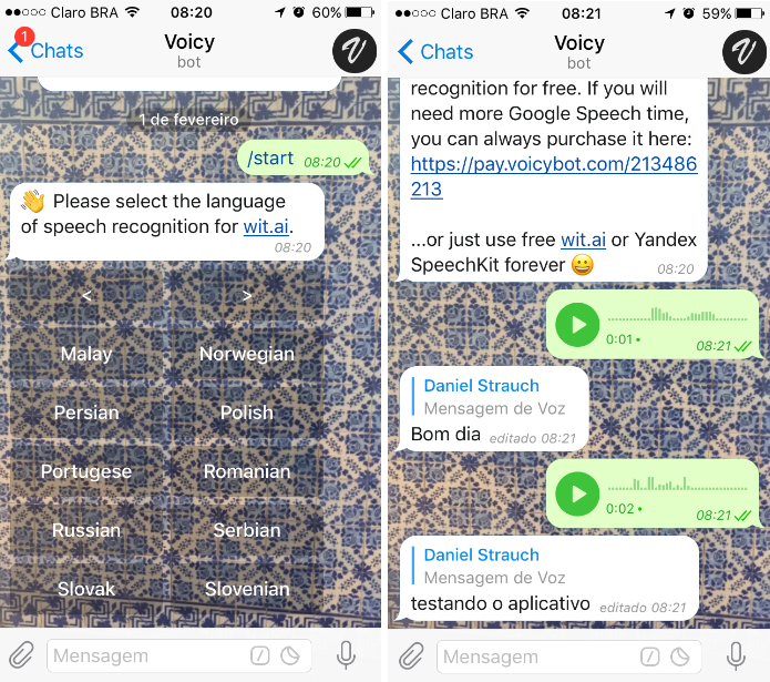 Os usuários podem transformar gravações em áudio em textos com o @voicybot (Foto: Reprodução/Daniel Ribeiro)
