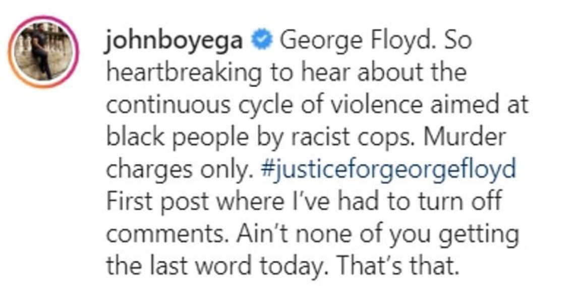 O post de John Boyega lamentando a morte de George Floyd (Foto: Instagram)