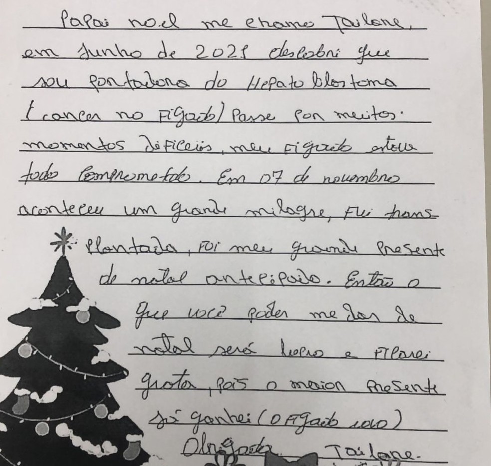 Carta de agradecimento pelo transplante de fígado foi escrita por Tailane Silva, de 12 anos — Foto: Arquivo pessoal