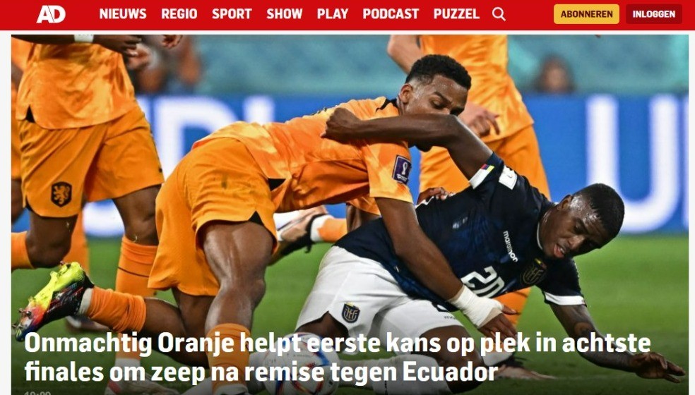 "Impotente Laranja escapa e marca ponto na luta contra o Equador", diz site do AD, da Holanda — Foto: Reprodução