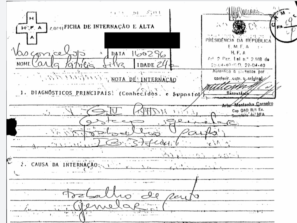 Ficha de internação e alta de mulher que deu à luz a uma menina indicava gestação de gêmeos — Foto: Reprodução/Arquivo pessoal