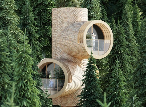 As casas pré-fabricadas que parecem um periscópio ficam no meio da floresta  (Foto: Reprodução/ArchDaily)