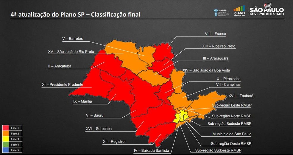 Novo mapa do Plano São Paulo, atualizado em 26 de junho de 2020 — Foto: Divulgação/ Governo de SP