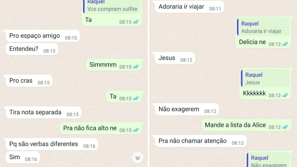 Conversa entre a assessora da diretora de Assistência Social, Viviane, e a diretora, Raquel, sobre as compras desviadas em Pardinho — Foto: Arquivo pessoal