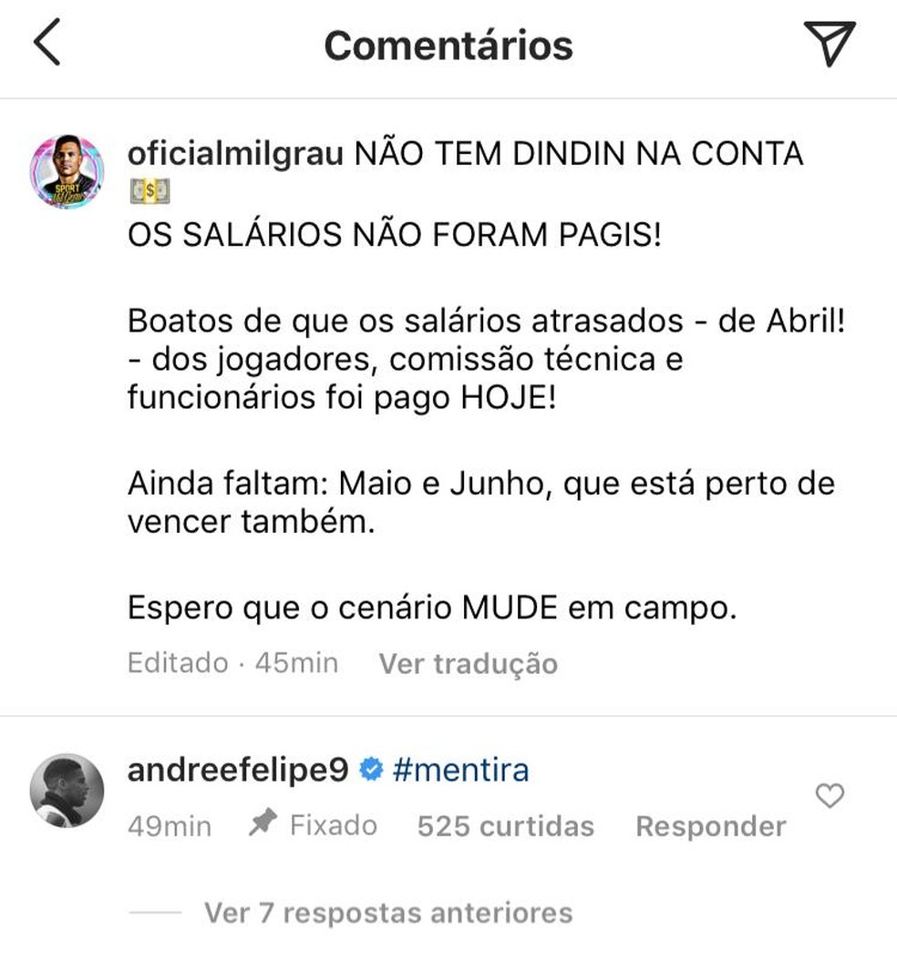 Jogadores do Sport desmentem pagamento de salários  — Foto: Reprodução