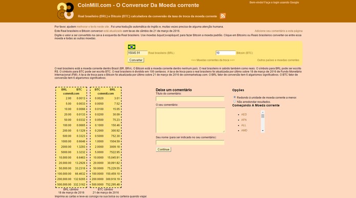 CoinMill permite converter Real para Bitcoin e função inversa (Foto: Reprodução/Barbara Mannara)