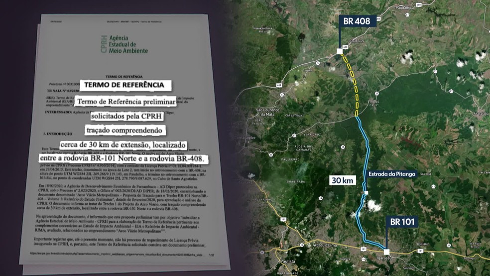 Documento diz: traçado compreendendo cerca de 30 quilômetros de extensão localizado entre a rodovia BR-101 norte e a rodovia BR-408 — Foto: Reprodução/TV Globo