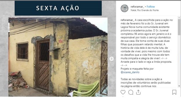 A sexta casa reformada pelo grupo que criou era de um homem de 96 anos: fachada, sala e cozinha foram transformados (Foto: DIVULGAÇÃO REFORAMAR/ Via BBC News Brasil)
