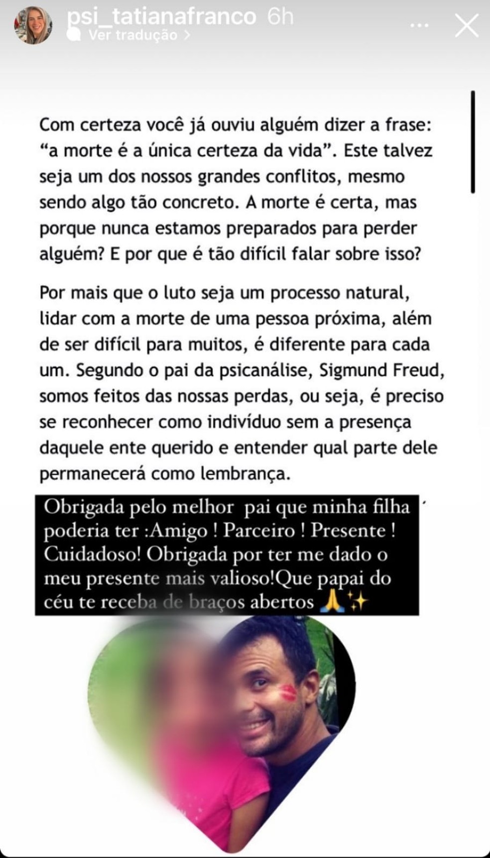 Mãe da filha de Fábio, Tatiana Franco escreveu uma despedida nas redes sociais — Foto: Reprodução