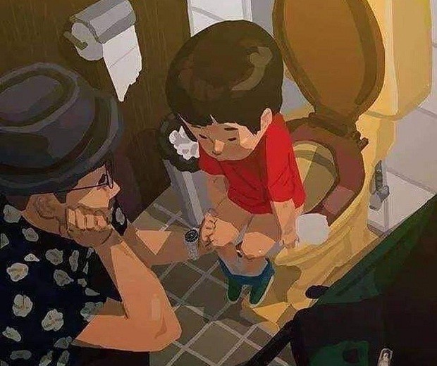 Ilustração em que o pai está agachado ao lado do filho que tenta usar o vaso sanitário (Foto: Reprodução/Facebook)