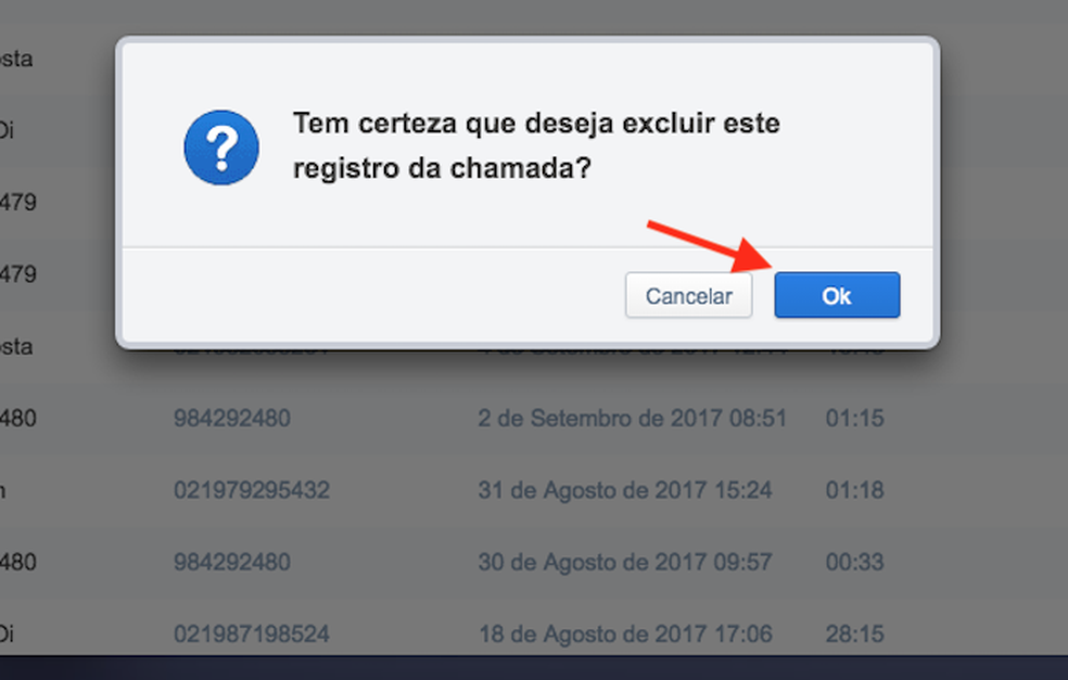 Confirmação para deletar um registro de chamada do Android no AirDroid Web (Foto: Reprodução/Marvin Costa)