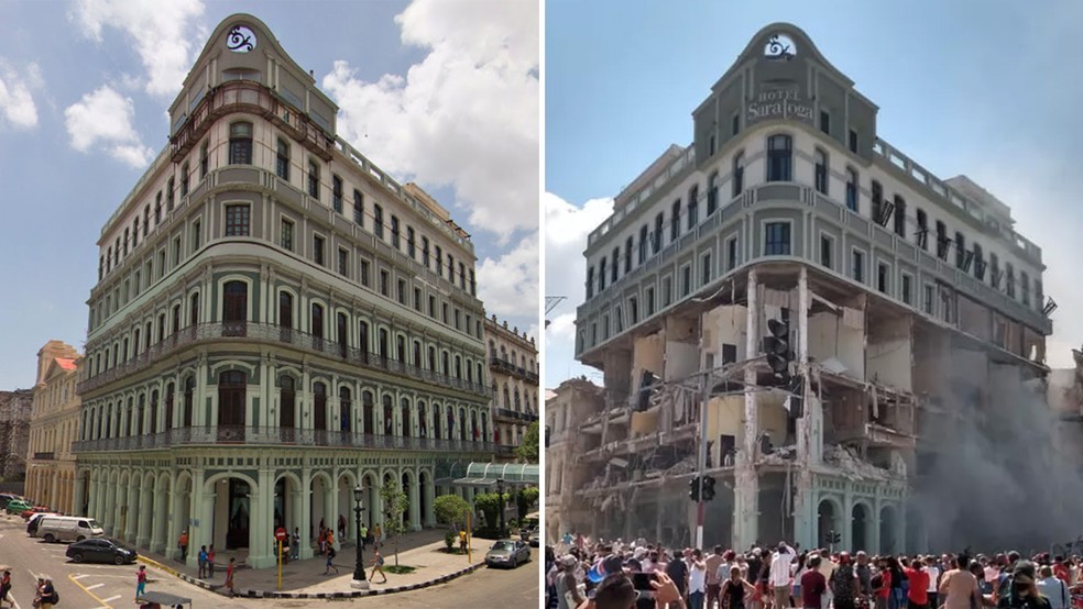 Hotel Saragota é visto antes e depois da explosão desta sexta (6) em Havana, Cuba — Foto: Reprodução/Google Street View; Reprodução/Twitter/@soyleo27n