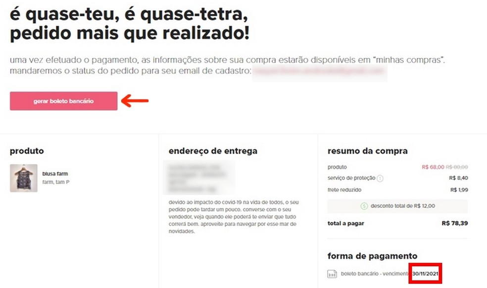 Compra no Enjoei só é válida após pagamento até a data de vencimento do boleto bancário — Foto: Reprodução/Raquel Freire