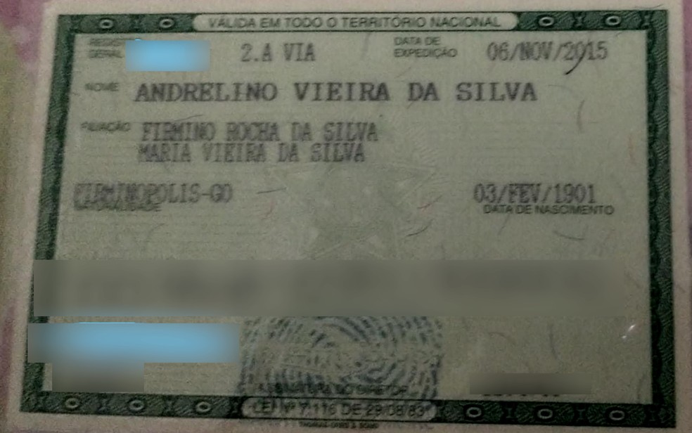 Andrelino Vieira da Silva nasceu em 3 de fevereiro de 1901, em Firminópolis, Goiás — Foto: Arquivo pessoal/Andrelino da Silva